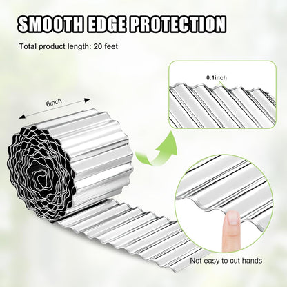 Corrugated Metal Garden Edging - 6 Inch X 20 FT Landscape Edging Border, Flexible Border for Garden Fence, Flower Bed, and Lawn (Silver)