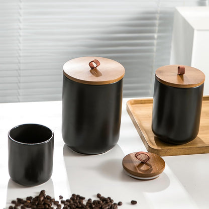 Black Ceramic Canister Set with Wooden Lid, 3-Piece Food Storage Jars for Kitchen Counter, Storage Container for Coffee, Tea, Spice, Sugar, Grains, Salt