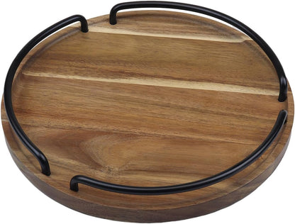 Round Wooden Serving Tray - Rustic Style Decorative Tray for Coffee Table, Living Room, Vanity - Acacia Wood Tray with Handles - Housewarming Gift - 12 Inches (Diameter)