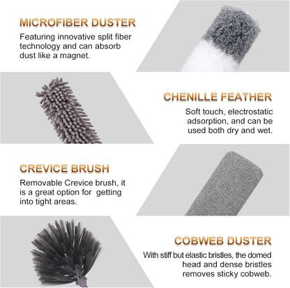 Microfiber Duster for Cleaning Fan, High Ceiling, Blinds, Furniture, Cars , 9PCS Extendable Feather Duster (Stainless Steel) 30 to 100 Inches, Reusable Bendable Washable