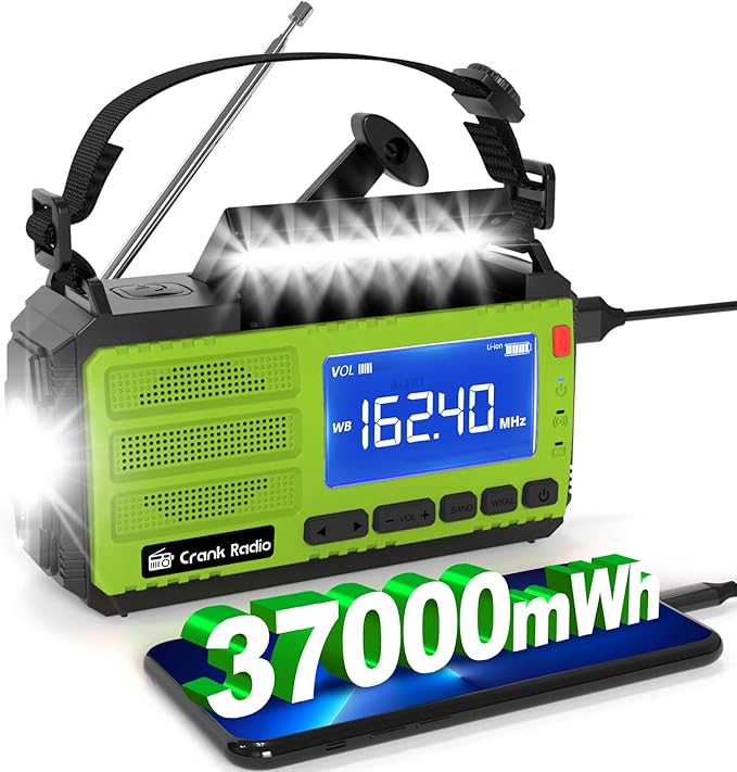 Emergency Weather Radio, Solar Hand Crank Radio AM/FM NOAA 37000mWh, Weather Alert Radio with 3 Mode Flashlight, Reading Lamp, SOS Alarm, Compass, Headphone Jack for Home Camping Emergency (Green)