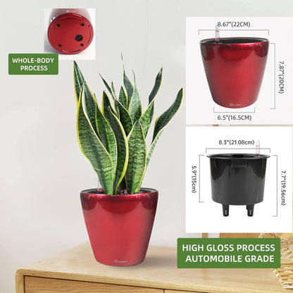 Dexceder 9x8 Inches High Gloss Self Watering Planter Indoor Outdoor, Inner Pot Design, Thickened Table Flower Plant Pot with Water Level Indicator (Red)