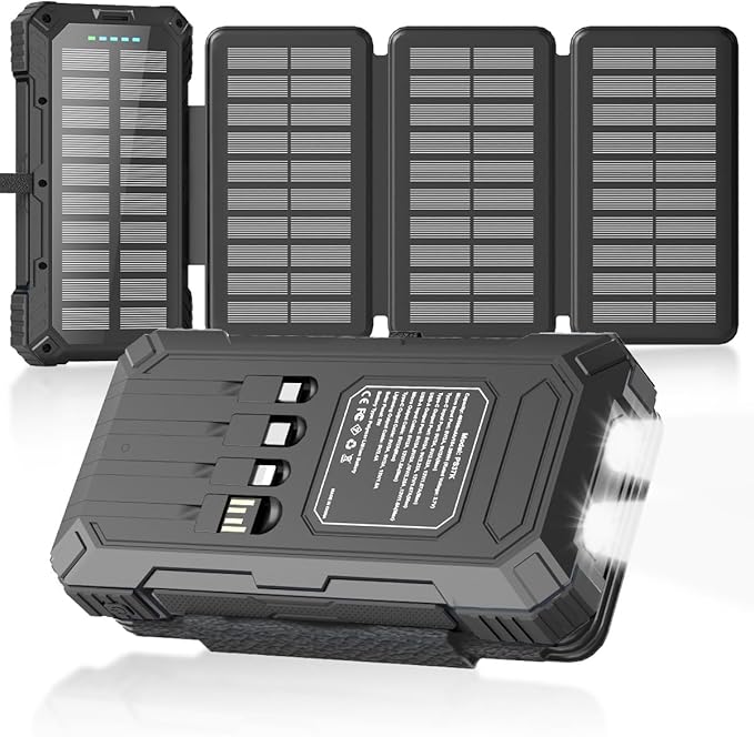 Solar Charger Power Bank 49800mAh with 4 Built-in Cables & 4 Foldable Panels, PD22.5W Fast Portable Phone Charger, External Battery Pack with USB-C in/Output & Flashlight for Outdoor Camping