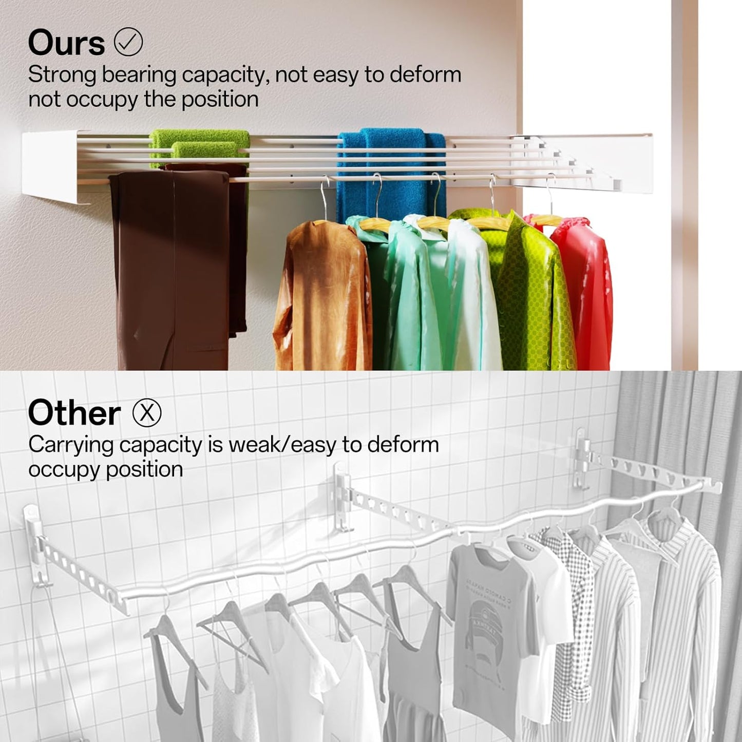 Wall Mounted Drying Rack for Laundry 40'', Folding Drying Rack Clothing Wall Mount with 5 Rods, Space Saving for Indoor Outdoor Bathroom Balcony (White, 40'')