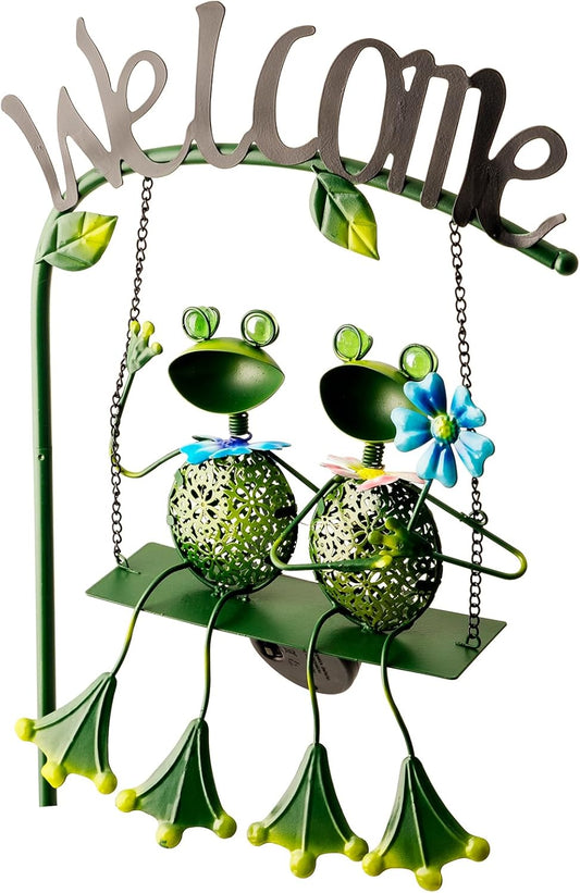 Frog Solar Light Garden Outdoor Decoration Swing Metal Stake Lamp with Welcome Sign Waterproof Patio Yard Decor Gifts-48 inch