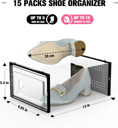 Kuject 15 Pack Shoe Storage Boxes, Clear Plastic Stackable Shoe Organizer for Closet, Connect Left and Right Shoe Boxes Case Container Bin for Entryway, Drop Front, Fit for Size 10(Black)