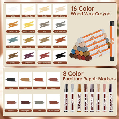 A-HEYIDA Wood Filler Sticks -16 Colors Wax Crayons for Furniture Scratch & 8 Colors Wood Touch-up Markers for Repair Any Scratches, Scuffs, Cracks and Nail Holes on Furniture,Floors,Doors,Cabinets