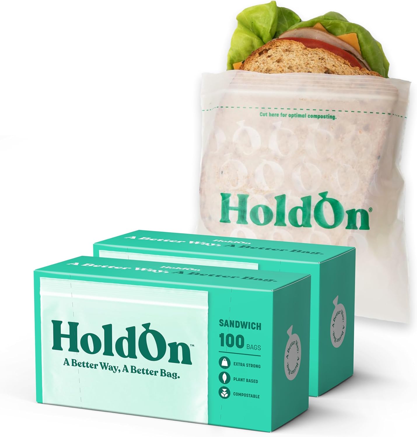 HoldOn Zipseal Sandwich Bags – Compostable, PFOA-Free, BPA-Free, Food-Safe Zip Seal Food Storage Bags With Secure Seal for Home & Travel, Freezer-safe (2-Pack, 200 bags total)