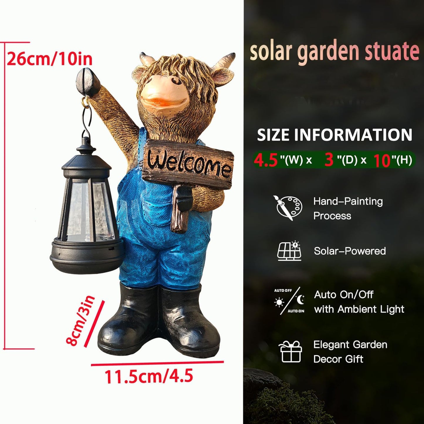 Solar Garden Statues -Highland Cow Lantern Outdoor Handmade Resin Statue with LED Light, and Welcome Holder for Patio, Yard, Gift Ideas (cow2)