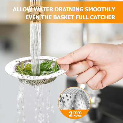 2PCS Kitchen Sink Drain Strainer/Catcher/Basket/Cover/Filter/Trap/Screen, Large Wide Rim 4.5" Diameter, Stainless Steel, Dishwasher Safe