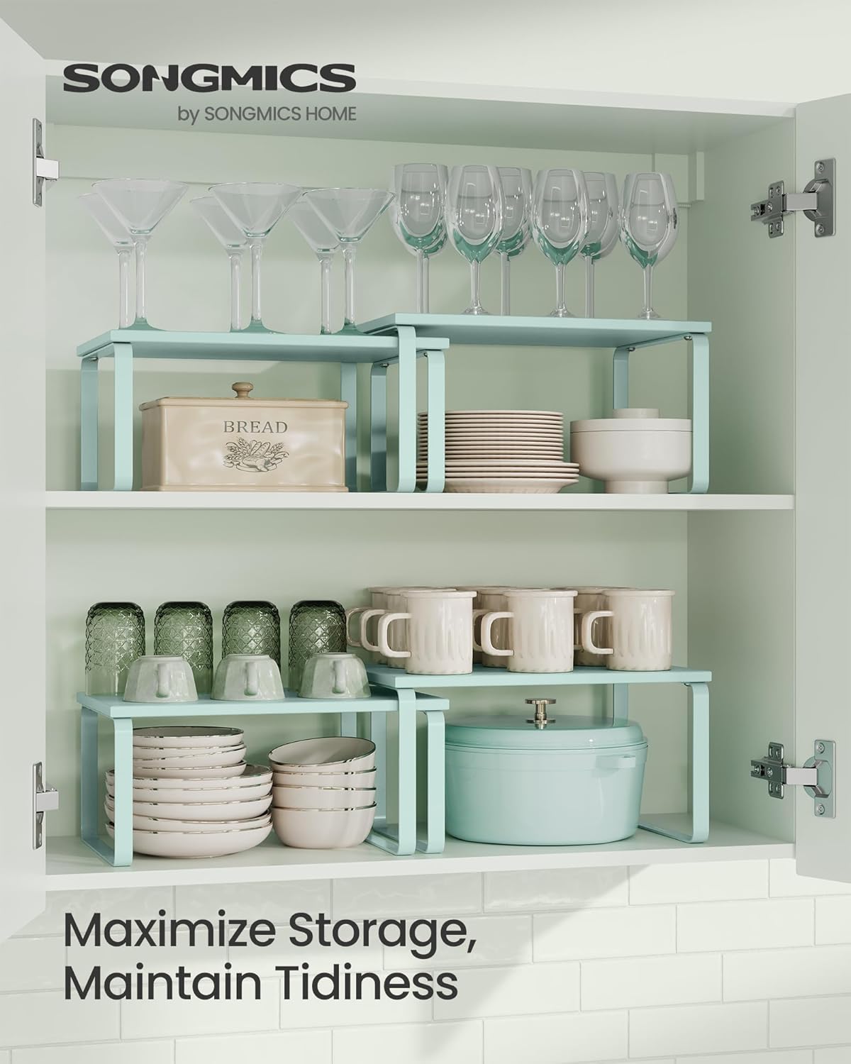 SONGMICS Cabinet Organizer Shelf, Set of 2 Kitchen Counter Shelves, Kitchen Storage, Spice Rack, Stackable, Expandable, Metal and Engineered Wood, Moonlight Green UKCS002C01