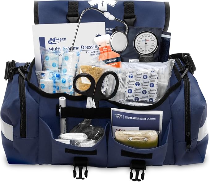 MFASCO First Aid Kit - Fully Stocked Portable Reflective Bag -First Responder Emergency Response Kit-for Natural Disaster Preparedness-Customizable Storage-Includes 415 Pcs First Aid Supplies- Blue