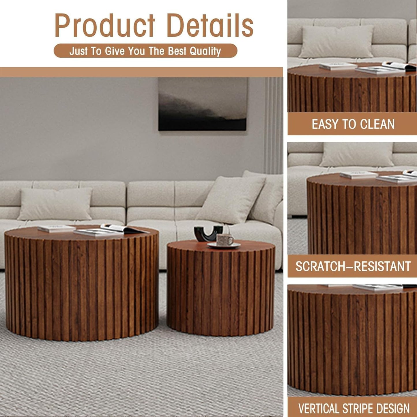 Round Coffee Table Set of 2, Nesting Coffee Table and End Table Set Small Circle Drum Side Table for Living Room Office, No Assembly (C Walnut Large)