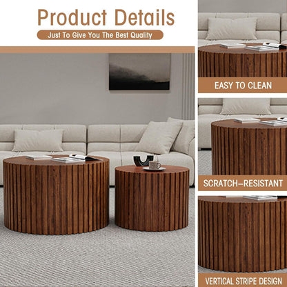 Round Coffee Table Set of 2, Nesting Coffee Table and End Table Set Small Circle Drum Side Table for Living Room Office, No Assembly (C Walnut Large)