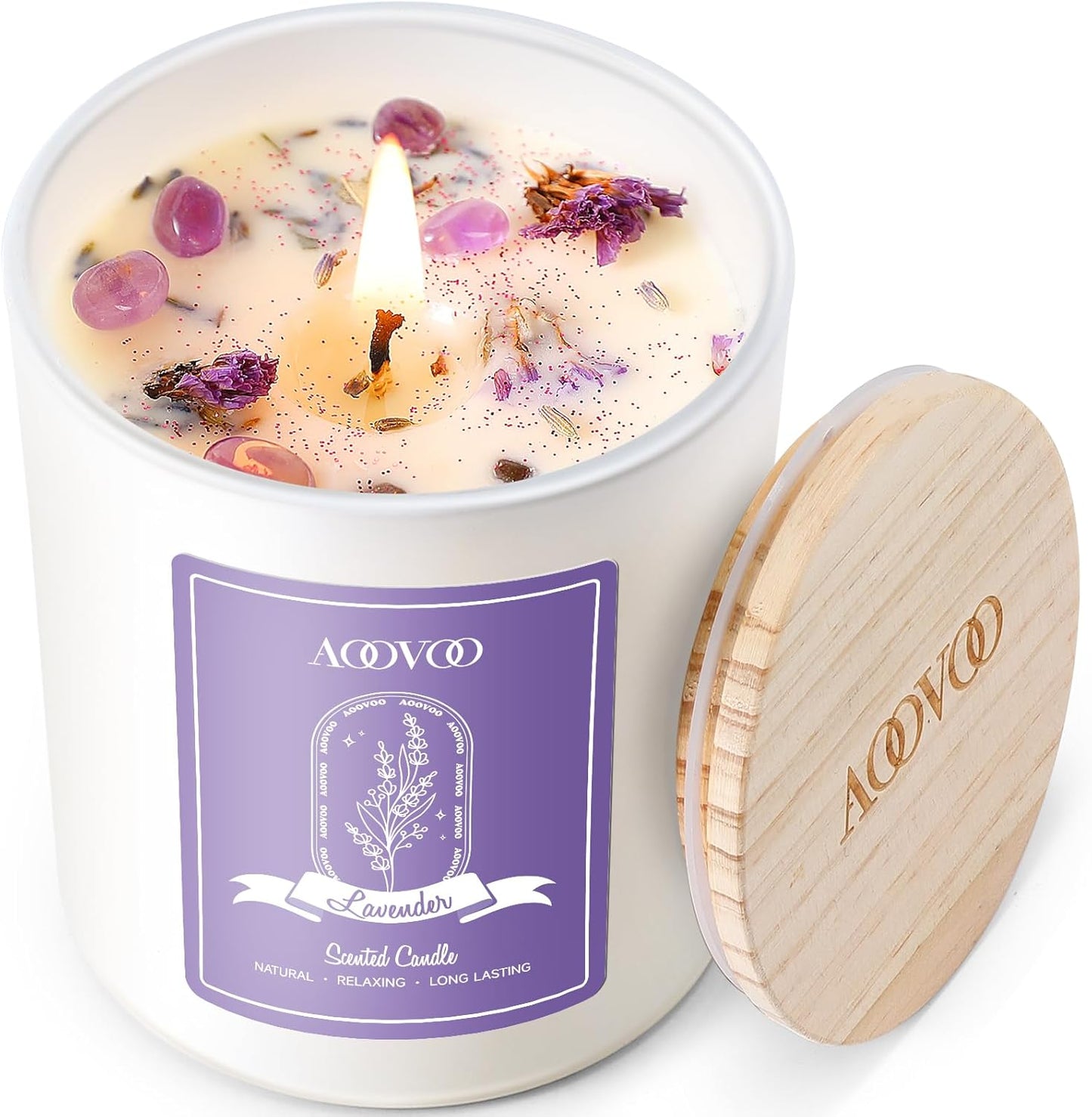 AOOVOO Lavender Scented Candles for Women - Aromatherapy Candle with Crystals Inside, 10oz Soy Candles for Home Scented, Birthday Gifts Mothers Day Candle for Women Mom