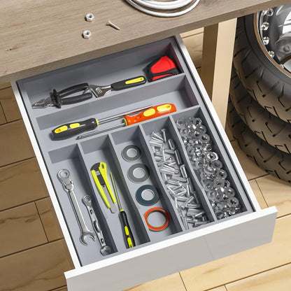 Utensil Organizer Silverware Drawer Organizer - 7 Slots Bamboo Utensil Tray Multifunctional Small Silverware Organizer for Kitchen Utensils, Garage Tools, Makeup Storage W13”x L17” (Grey)