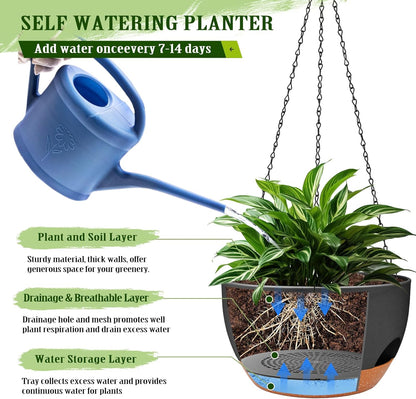 Hanging Planters for Outdoor Indoor Plants, 2 Pack 12 Inch Hanging Basket Plants Outdoor, Self Watering Hanging Planter with Plant Hanger for Garden Home Decoration (2 Type Plant Hangers Black)