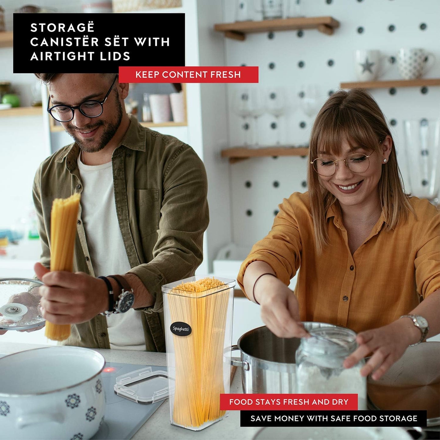 Airtight Food Storage Containers with Lids Set of 4-95 fl. oz Pasta storage Containers, BPA Free Plastic Spaghetti container - Air Tight Canisters for Kitchen Pantry Organization