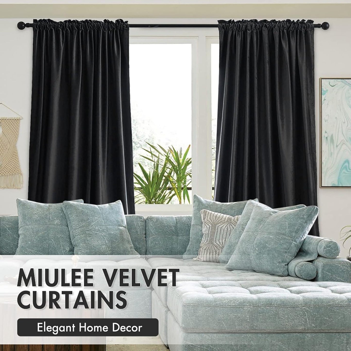 MIULEE Black Velvet Curtains Thermal Insulated Blackout Curtain Drapes for Bedroom Living Room Darkening 96 Inches Long Curtains Panels Rod Pocket Set of 2