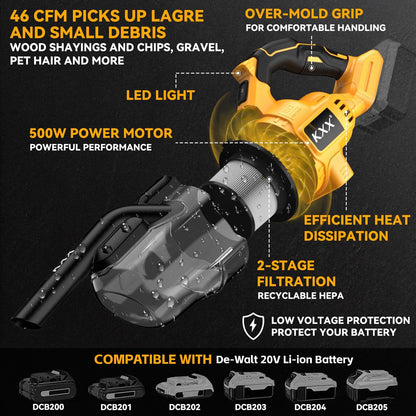 Cordless Vacuum for Dewalt 20V Battery, 5 in 1 Handheld Electric Vacuum Cleaner with 500W Powerful Motor, 46 CFM Portable Hand Vacuum with Filtration HEPA for Floor, Carpet, Car (Battery Not Included)