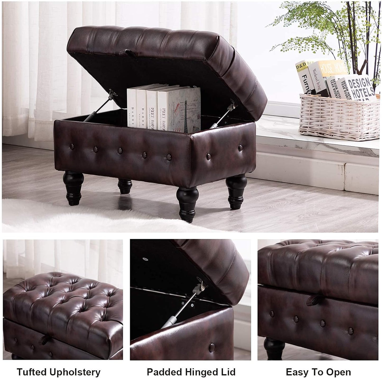 Artechworks Coffee Table Ottoman with Storage,Button Tufted PU Leather Upholstery Footstool Bed Ottoman for Living Room, Home Office, Space-Saving Storage Toy Box Stool, Brown