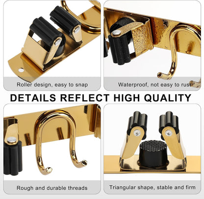 Mop Broom Holder Wall Mount, Gold Stainless Steel Tool Storage Organizer for Kitchen Garden Garage Laundry Room Bathroom and RV with 4 Slots 6 Hooks