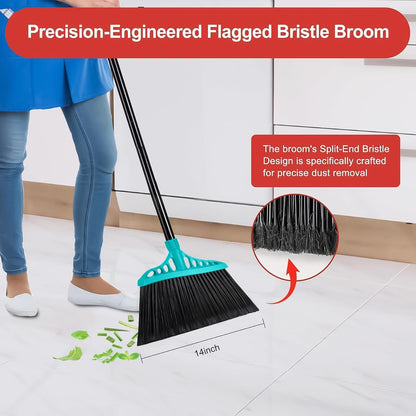 Outdoor Broom for Floor Cleaning, Heavy Duty Brooms with 55" Long Handle, Angle Brooms for Concrete Courtyard Home Patio Kitchen Shop Lobby Patio Lawn - Blue