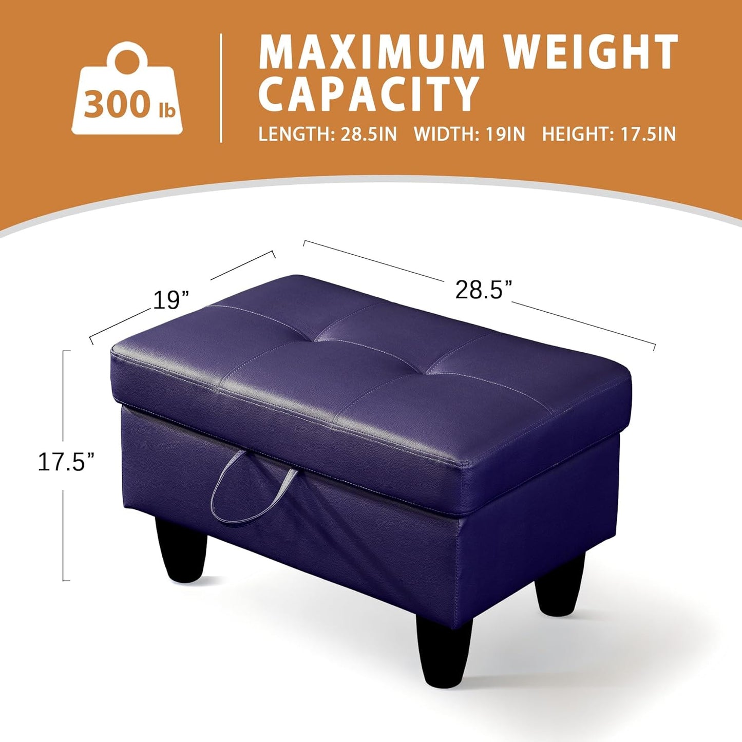 Ottoman Rectangular Storage Ottoman Bench, Faux Leather Footrest, Coffee Table, Stool Footstool with Hinged Lid for Living Room, Bedroom, Entryway, Blue, 28.5"x19"x17.5"