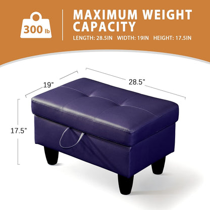 Ottoman Rectangular Storage Ottoman Bench, Faux Leather Footrest, Coffee Table, Stool Footstool with Hinged Lid for Living Room, Bedroom, Entryway, Blue, 28.5"x19"x17.5"