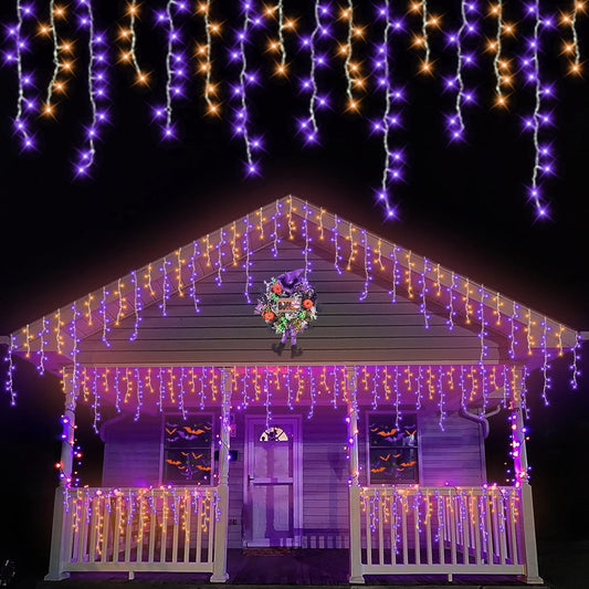 YEGUO 66ft 800 LED Orange and Purple Icicle Halloween Lights, 160 Drops Icicle Lights Connectable, 8 Modes Icicle Christmas Light with Memory Timer