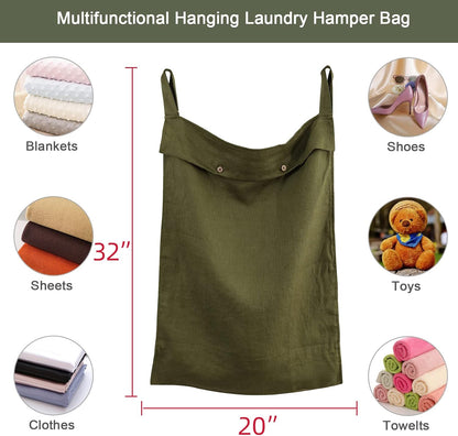 Linen Hanging Laundry Bag, 100% Linen Over The Door Laundry Hamper with Buttons and Zipper, Space Saving Door Hampers for Laundry Dirty Clothes Home Travel, Green