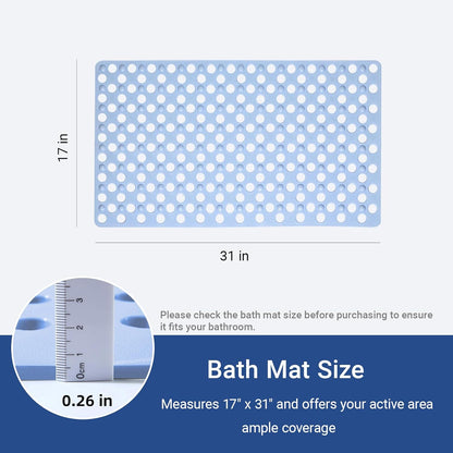 Non Slip Bathtub Mat and Shower Mat 31x17 inch,Bath Mat with Quick Dry Drain Holes and Suction Cups, Soft Comfortable Safe Bathroom Mat for Bath Tub, Floor, Tile (Light Blue)