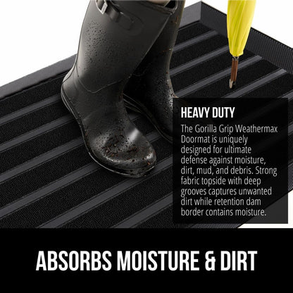 GORILLA GRIP 100% Waterproof All-Season WeatherMax Doormat US Designed Natural Rubber, Stain and Fade Resistant, Low Profile Indoor Outdoor Door Mats, Easy Clean Patio Mat, 17x29, Black Stripe