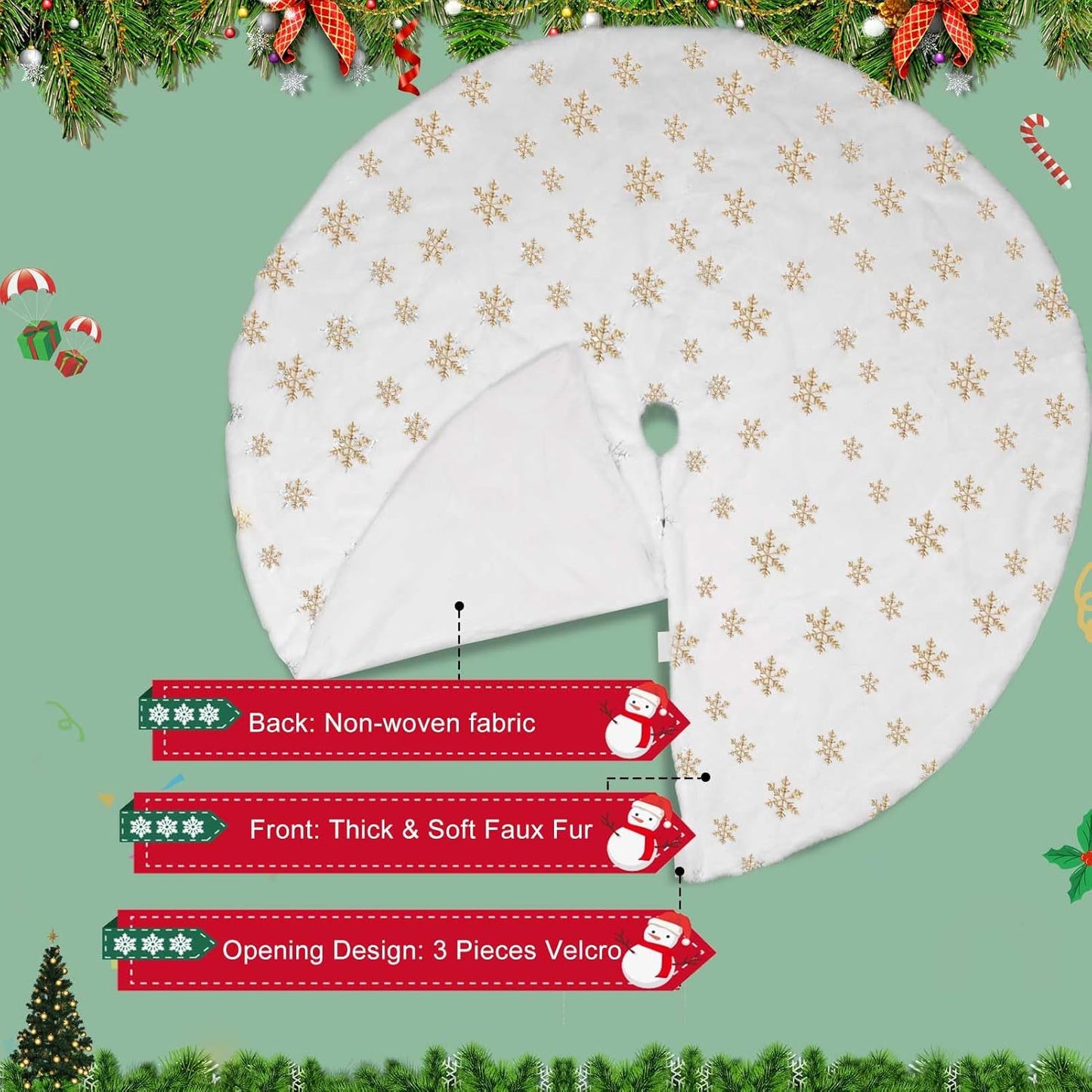 Christmas Tree Skirt, 48 Inch White Luxury Faux Fur & Gold Sequin Snowflakes, 4ft Xmas Tree Skirt for Holiday Tree Ornaments Christmas Party Home Decorations