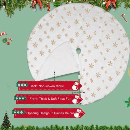 Christmas Tree Skirt, 48 Inch White Luxury Faux Fur & Gold Sequin Snowflakes, 4ft Xmas Tree Skirt for Holiday Tree Ornaments Christmas Party Home Decorations