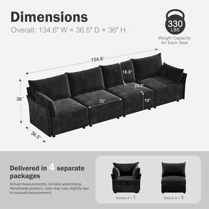 134.6" Modular Sectional Sofa, Oversized 4 Seater Couch with Removable Black Chenille Fabric Cover, Deep Seat & High Backrest for Living Room, Office & Apartment