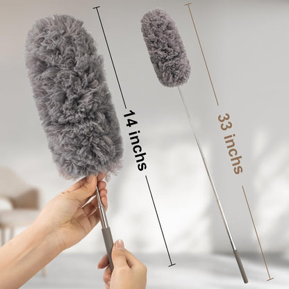 Microfiber Feather Duster Extendable Duster with 14"-33" Extra Stainless Steel Pole, Bendable Head & Long Handle Dusters for Cleaning Ceiling Fan,Ceiling, Blinds, Furniture & Cars Gray