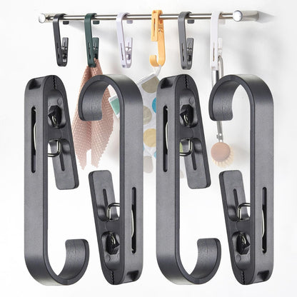 iBetterLife Clothes Pins Heavy Duty Outdoor - 4 Pcs Large Laundry Hook Hangers with Clips Closet Organizer Clamps Hanging Socks Boot Bras Towels Shower Pegs for Bathroom Wardrobe Kitchen Office, Black