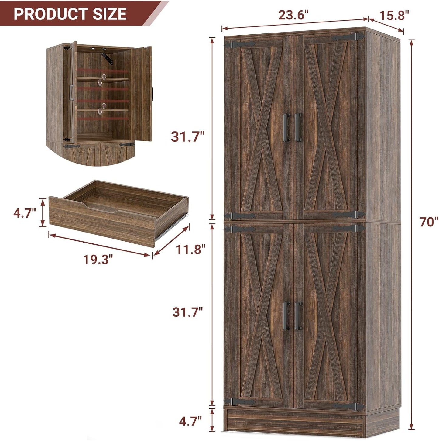 Unikito 71" Farmhouse Kitchen Pantry Storage Cabinet with Barn Doors, Adjustable Shelves & Drawer Organizer, Versatile Tall Storage Cupboard for Dining Room, Bathroom, Utility Room, Weathered Brown