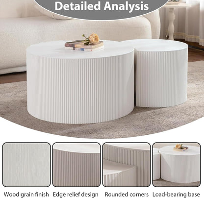 Round Nesting Coffee Table Set of 2 Handcraft Circle Fluted Nesting Coffee Tables Circular Side Table Drum Accent End Tables for Living Room Bedroom (White B Large)