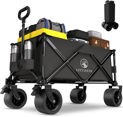 Collapsible Wagon Cart with Silent All-Terrain Wheels, Foldable Heavy Duty Beach Wagon with 330LB,Folding Cart with Cup Holders and Brakes for Camping, Garden,Shopping,Sports Black