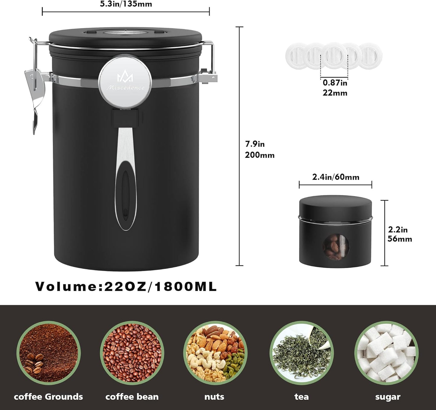 Coffee canister set for ground coffee with Date Tracker Travel Coffee jar,Stainless Steel Kitchen Food Airtight storage container for Coffee Beans or Grounds,Tea,Sugar (22oz-Black)