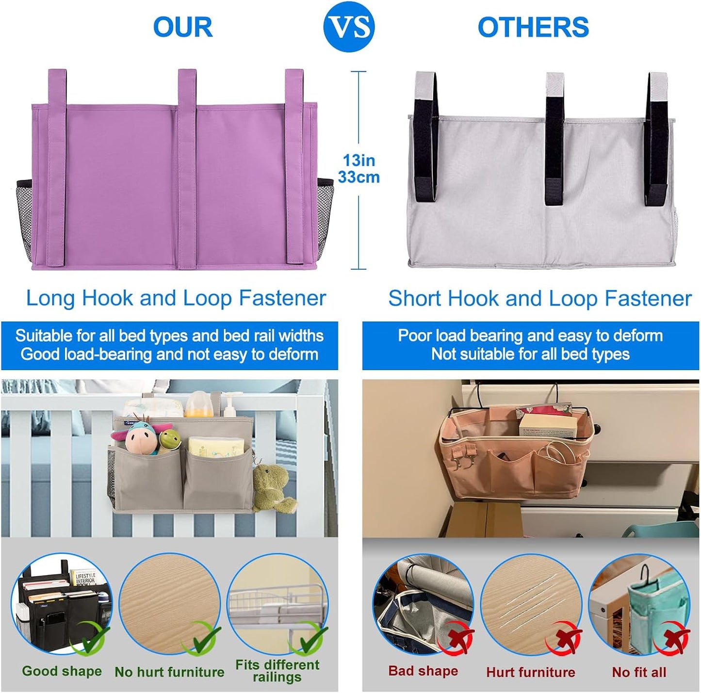 Surblue Caddy Hanging Organizer Bedside Storage Bag for Bunk and Hospital Beds, Purple, L