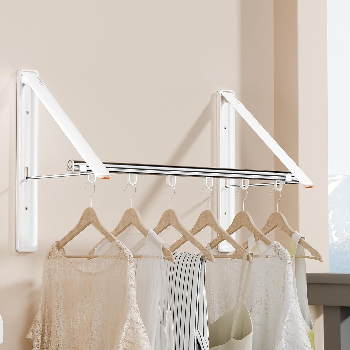 Clothes Drying Rack Retractable, Wall Mounted Clothes Hanger Rack for Laundry Room, Laundry Drying Rack with Clothes Rod Space Saving Closet Organizer Aluminium (White, 2P)