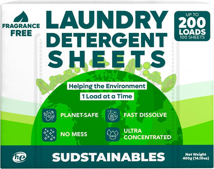 Sudstainables Eco Friendly Laundry Detergent Sheets - (200 Count), Unscented, Zero Waste, Plastic Free, Ultra Cleaning Strength, Sensitive Skin Safe, Saves Space
