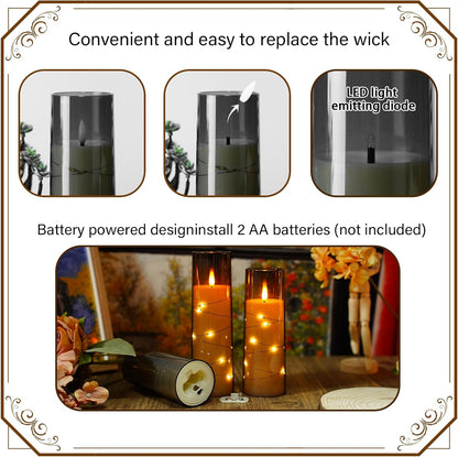 Flickering Flameless LED Candles, 9 Pcs with Embedded Star String, Acrylic LED Pillar Candles with Remote, Suitable for Home Decoration (Grey)