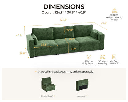 Oversized Modular Sofa Comfy Cloud Couch with Storage, Extra Deep Plush Sectional Sofa Set for Living Room, Covers Washable, Chenille, Olar (Green, 3-Seater, Basic Shape)