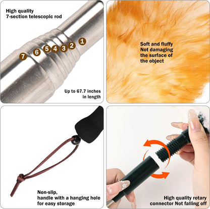 Lambswool Extendable Duster,67.7Inch Telescoping Feather Dusters with Stainless Steel Extension Pole for Cleaning High Ceiling Fan, High Ceilings,Furniture