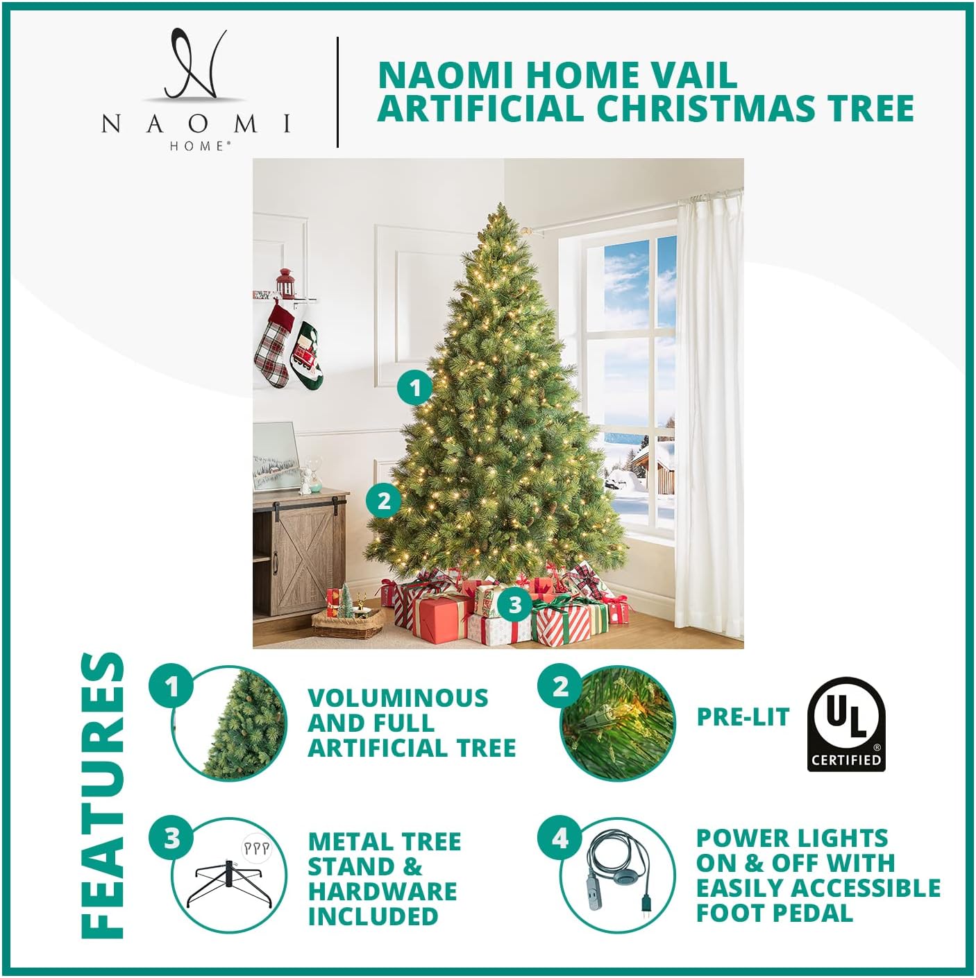 Naomi Home 4.5ft Christmas Tree with Lights, Realistic Traditional Prelit with Pine Cones, Foot Pedal 561 Branch Tips, 300 Warm Lights and Metal Stand, Aritificial Tree