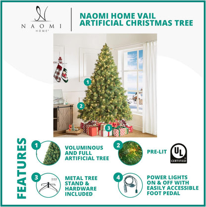 Naomi Home 4.5ft Christmas Tree with Lights, Realistic Traditional Prelit with Pine Cones, Foot Pedal 561 Branch Tips, 300 Warm Lights and Metal Stand, Aritificial Tree